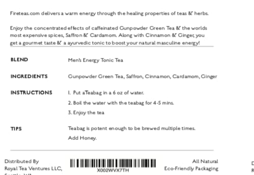 FIRE TEAS Men's Energy Tonic Tea - Gunpowder Green Tea, Cardamom, Cinnamon, Ginger, Saffron - Power Tea for Men-