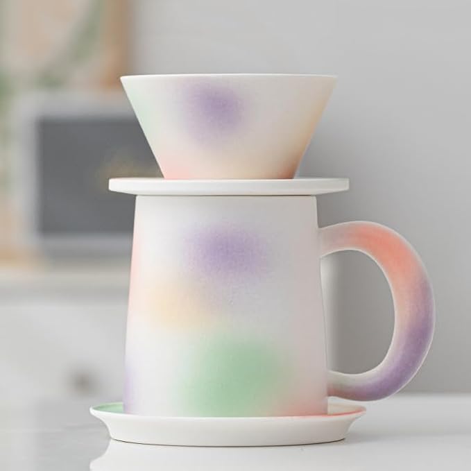 Handmade Color Rainbow Pour Over Coffee Maker Set, Ceramic Coffee Dripper Brewer Heat Resistant Coffee Pot Decanter ACM05C