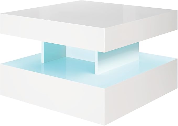 Small White Led Coffee Table for Living Room, 23.6" Wood Square 2-Tier Storage Modern Center Table, Modern High Glossy Wooden Coffee Tables for Small Space