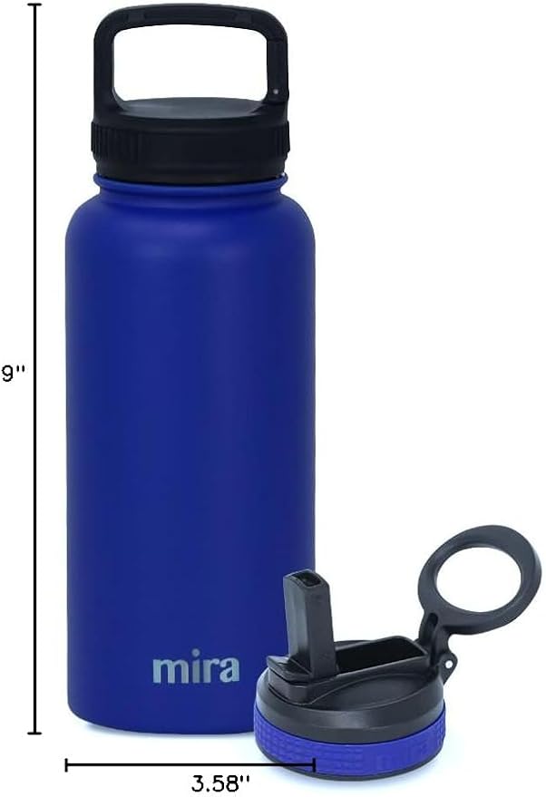 MIRA 32 oz Insulated Water Bottle - Stainless Steel Sports Flask with 2 Lids (Straw & Handle) - Cold Drink Thermo - Blue