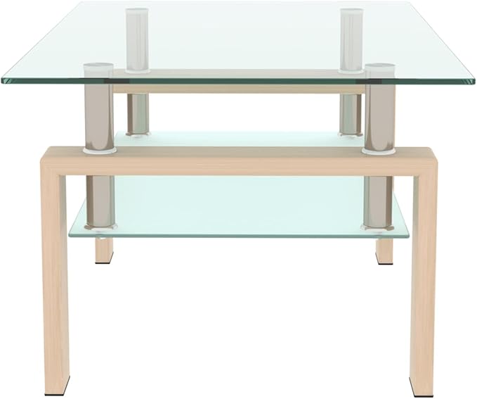 Glass Coffee Table Rectangle Living Room Center Table, 39inch Transparent Tempered Glass Tabletop and Beige Wood Grain Metal Legs, Beige + Clear Glass