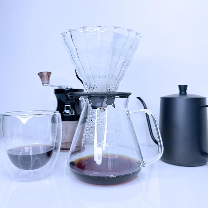 DS&DV Coffee Set Incl. Coffee Scale Glass Driper,Manual Grinter,Pour Over Kettle,Paper Filters,Double Wall Mug for Camping and Travelling (8 in 1 Coffee Makers)