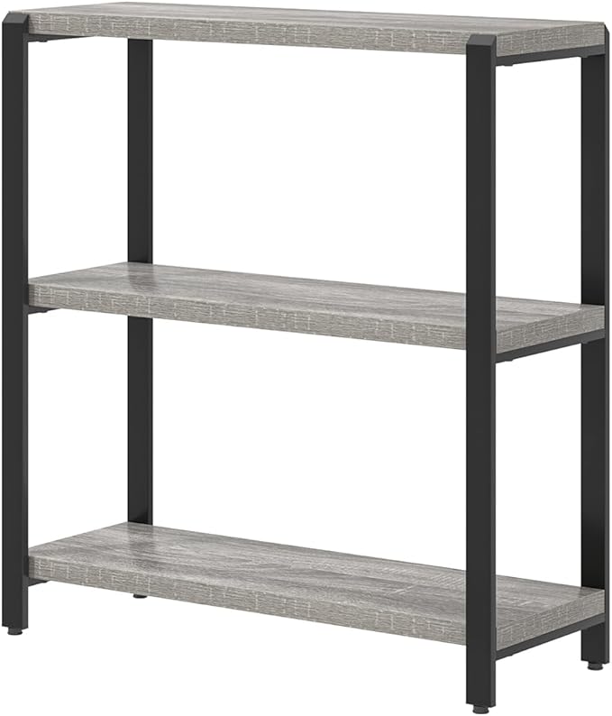 FOLUBAN 3 Tier Bookshelf, Industrial Wood and Metal Book Shelf and Bookcase, Short Book Case for Office Living Room Bedroom, Light Grey