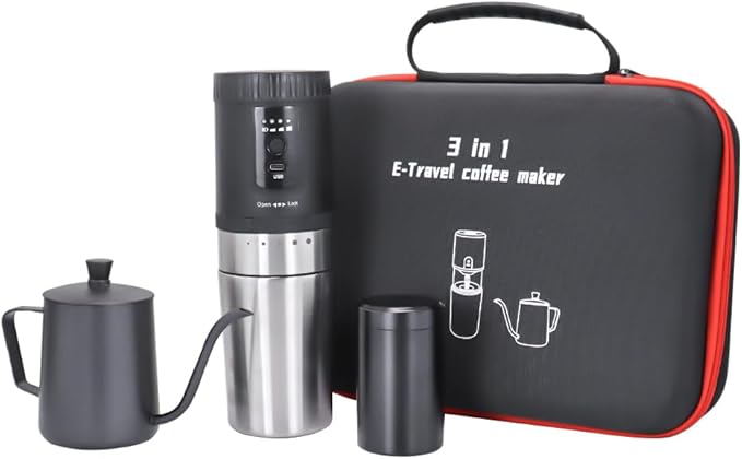SOTECH 3 in 1 Portable Coffee Maker Electric Burr Coffee Grinder Black Pour Over Kettle Coffee Bean Storage For Travel Hiking Picnic Camping