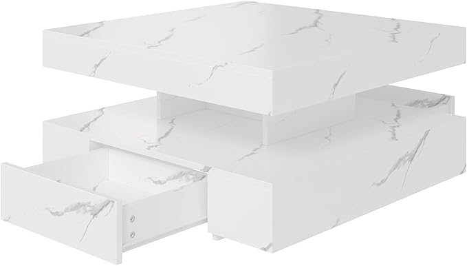 White Marble LED Coffee Table with 2 Storage Drawers for Living Room Square Center Middle Table Modern Cocktail Table with Light 2-Tier Tea Tables Contemporary Mid Century Wood Home Office