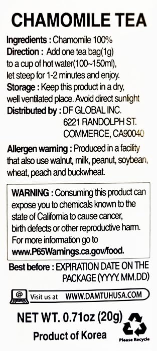 Damtuh Chamomile Tea – 100% Pure Chamomile, Caffeine-Free Herbal Tea, 10 Tea Bags (1g each)