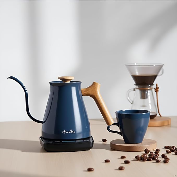 Harriet Gooseneck Electric Kettle - 1200W Fast Heat, 0.8L Stainless Steel, Precision Temp Control & Timer, Wood Handle, Pour Over Coffee and Tea, Blue