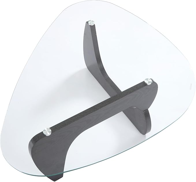 Modern Noguchi Coffee Table, Triangle Coffee Table with Tempered Glass Modern Vintage Glass Tea Table Wood Glass Accent Center Table for Living Room, 44.5”x32”x16.5”, Black Transparent