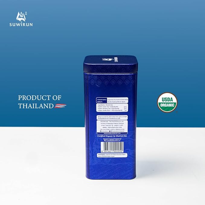 Suwirun Organic Blue Thai Tea 25 Bags β Naturally Blue Butterfly Pea Tea β Floral Aroma with Vanilla & Green Tea β Great for Hot, Iced & Milk Tea