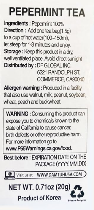 Damtuh Peppermint Tea – 100% Pure Peppermint, Caffeine-Free Herbal Tea, 10 Tea Bags (1g each)