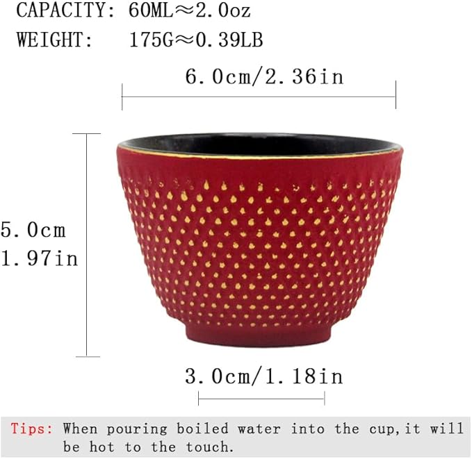 Japanese Cast Iron Tea Cups, Small and Heavy Teacups with no Handles, Japanese Style Cups for Adults, Asian Teacup, Coated with Enameled Interior, 4 Pcs/Box (Red, 2oz/60ml)