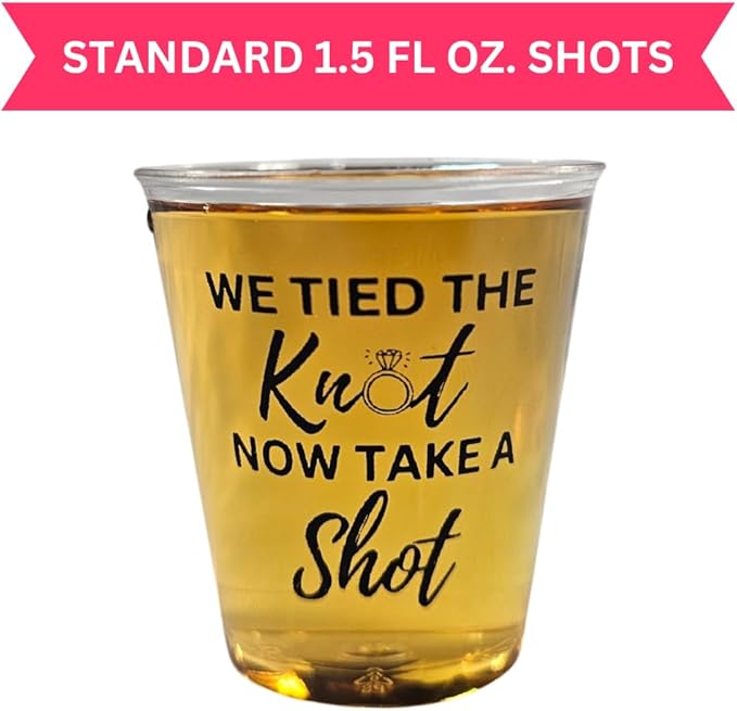 Disposable Plastic Wedding Shot Glasses, 200 Pack, 'We Tied the Knot Now Take a Shot' with Ring Design, Perfect for Weddings, Bridal Showers, Engagement Parties