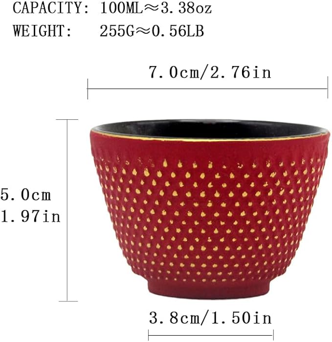 Japanese Cast Iron Tea Cups, Small and Heavy Teacups with no Handles, Japanese Style Cups for Adults, Asian Teacup, Coated with Enameled Interior, 4 Pcs/Box (Red, 3.38oz/100ml)