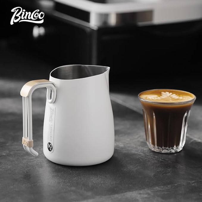 Bincoo Espresso Milk Frothing Pitcher Stainless Steel 20oz/600ML Coffee Milk Frother Cup-Milk Frothing Pitcher with Measurement Lines,Ergonomic Handle for Latte Art & Cappuccino(White)