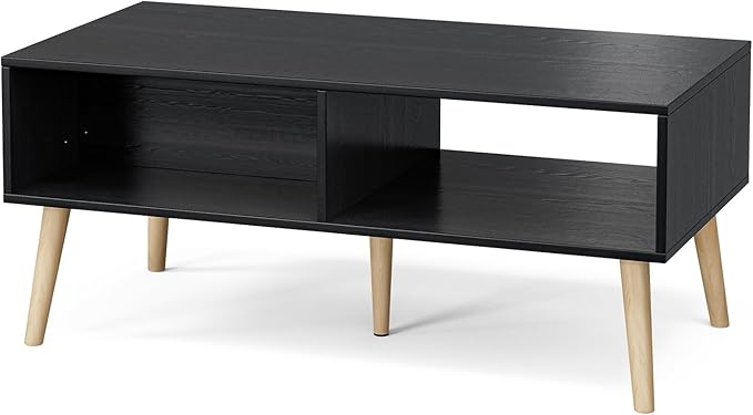 Wood Coffee Table with Storage, Boho Dining Table with Sliding Rattan Door Panel and Solid Wood Legs, Small Coffee Tables for Living Room, Black