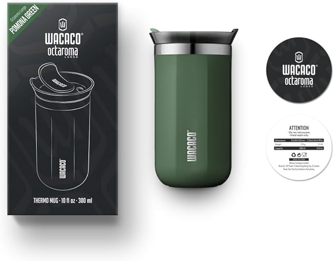 WACACO Octaroma Lungo Vacuum Insulated Coffee Mug, Double-wall Stainless Steel Travel Tumbler With Drinking Lid, 10 fl oz(300ml), Pomona Green
