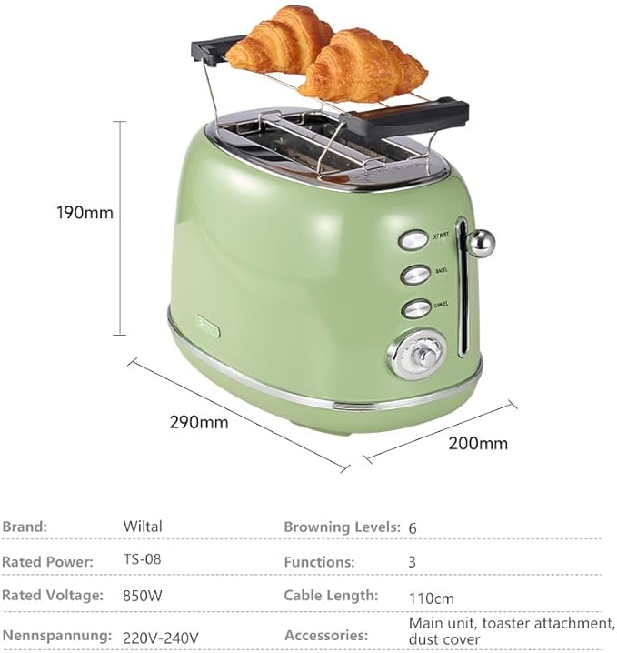 Toaster Retro 2 Slice, Vintage Green Toaster with Lid, with Bread Attachment, Preheat, Defrost And Cancel Functions, 6 Browning Levels (Green)