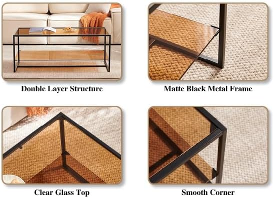 Shrine Brown Glass Coffee Table, Modern Design, Dual-Layer Coffee Table for Living Room, Black Metal Frame, Brown Glass Top