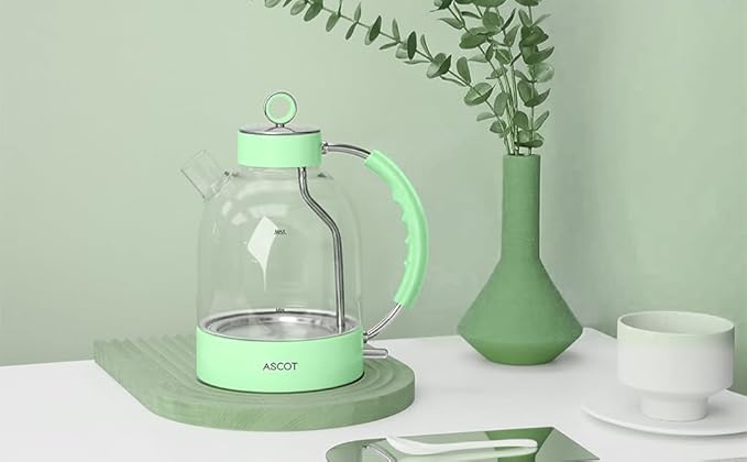 ASCOT Electric Kettle, Glass Electric Tea Kettle Gifts for Men/Women/Family 1.5L 1500W Borosilicate Glass Tea Heater, with Auto Shut-Off and Boil-Dry Protection (Green)
