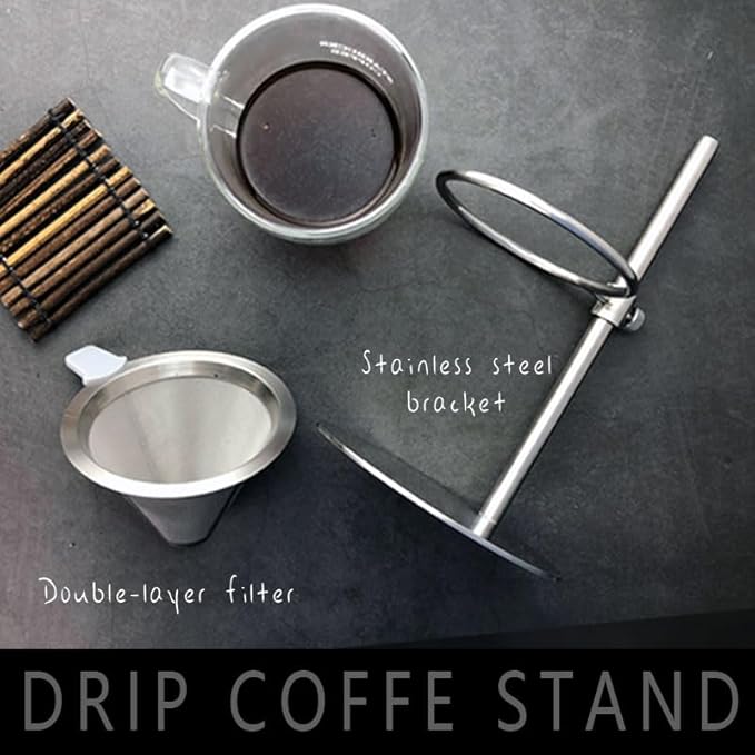 Stainless Steel Pour Over Coffee Maker, Adjustable Stand, Double-layer Filter