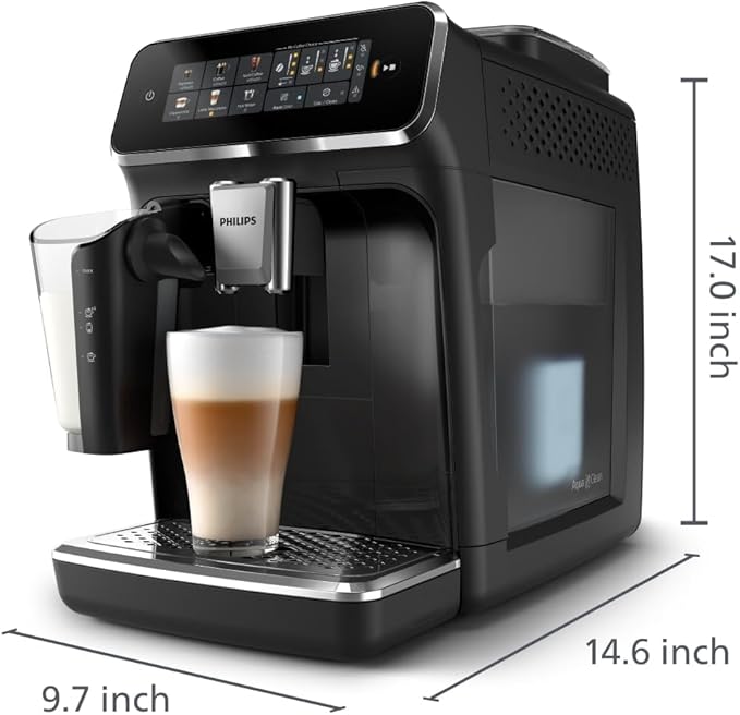 Philips Series 3300 Fully Automatic Espresso Coffee Machine - 6 Hot & Iced Drinks, LatteGo Milk System, 40% Quieter SilentBrew, Ceramic Grinder, Aquaclean Filter, Glossy Black (EP3341/50)