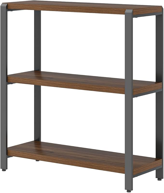 FOLUBAN Small Bookshelf and Bookcase, 3 Tier Low Short Book Shelf, Industrial Metal and Wood Book Case for Living Room Bedroom, Rustic Walnut