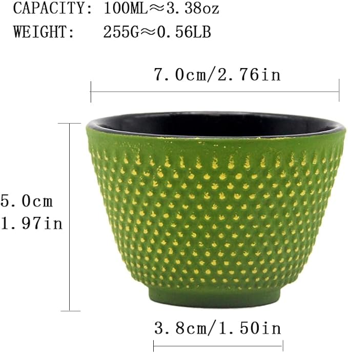 Japanese Cast Iron Tea Cups, Small and Heavy Teacups with no Handles, Japanese Style Cup for Adults, Asian Teacups, Coated with Enameled Interior, 4 Pcs/Box (Green, 3.38oz/100ml)