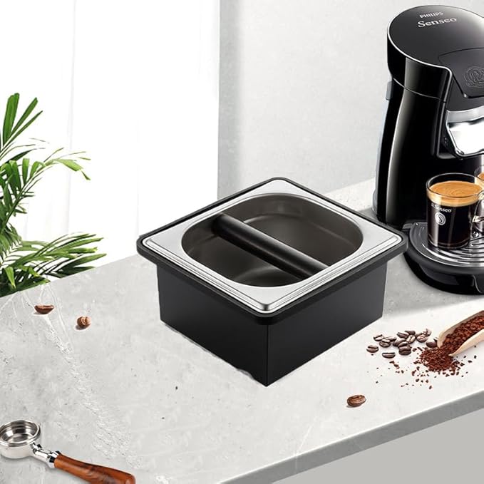 Coffee Knock Box, Stainless Steel Coffee Espresso Knock Box Coffee Grounds Bin with Noise Reduction Rubber Ring, Barista Espresso Machine Accessories