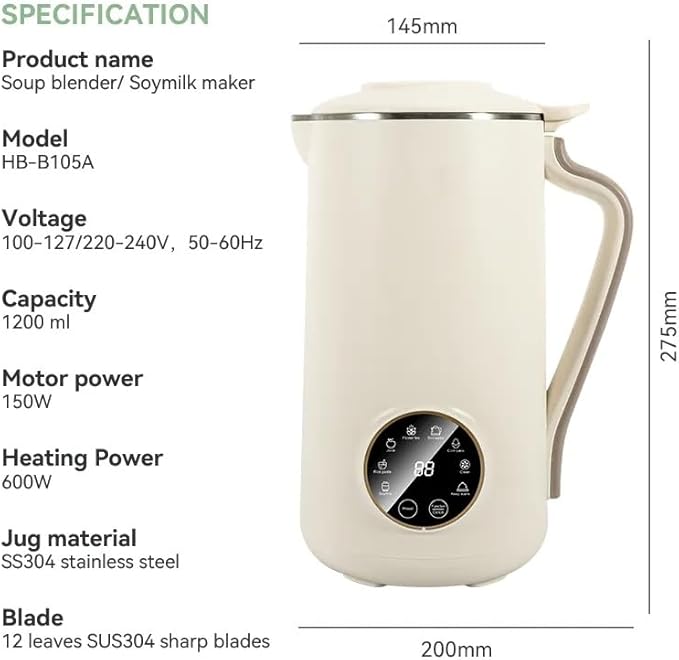 8-in-1 Nut Milk Maker, 40.5oz (1200ml) Capacity, Homemade Almond, Oat, Coconut, Soy, Plant-Based Milks, Automatic Blender with Delay Start, Keep Warm, Self-Cleaning, Boil Water Functions- White