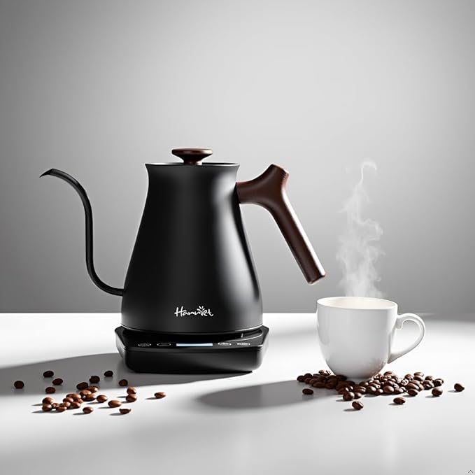 Harriet Gooseneck Electric Kettle - 1200W Fast Heat, 0.8L Stainless Steel, Precision Temp Control & Timer, Wood Handle, Pour Over Coffee and Tea, Black