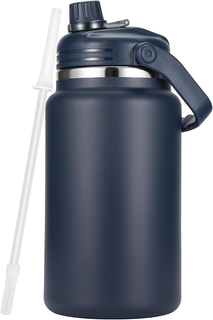 1 Gallon Thermosflask with Straw, 135oz Stainless Steel Insulated Water Bottle,4L Oversized Double Wall Vacuum Jug with Handle for Hot Cold Drinks, Wide mouth Icebuckets for Hiking Sports(Blue)