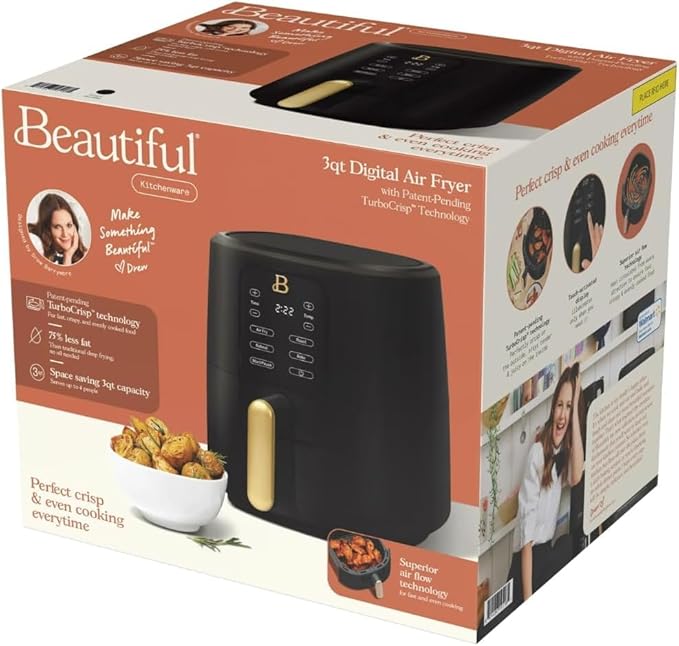 Beautiful 3-Quart Digital Air Fryer with TurboCrisp Technology by Drew Barrymore – 4 Preset Functions, 1200W Power, Non-Stick Coating, Dishwasher Safe Basket (Black Sesame)