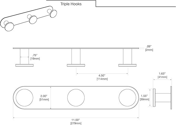Gatco 1282MX Modern Decor Wall Hook. Coat Hat Towel Robe Hook. for Entryway, Living, Kitchen, Bathroom, Bedroom. 3-Hook. Sturdy Matte Black on Premium Brass.