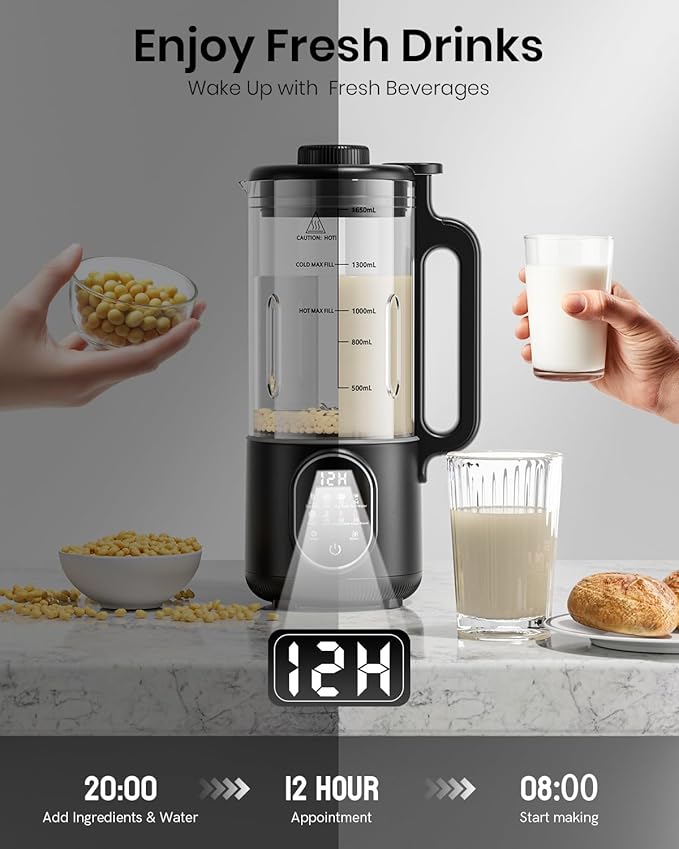 Upgraded 55oz (Extra Large) Nut Milk Maker Machine for Almond,Oat, Soy Milk Maker Machine with Auto Clean, Delay Start, BoilWater, Keep Warm (5-6 Cups),Black