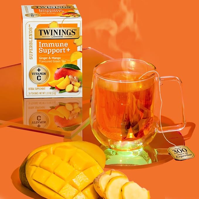 Twinings Superblends Immune Support+ Herbal Tea with Vitamin C, Ginger & Mango Flavoured Green Tea, 16 Tea Bags (Pack of 1), Enjoy Hot or Iced