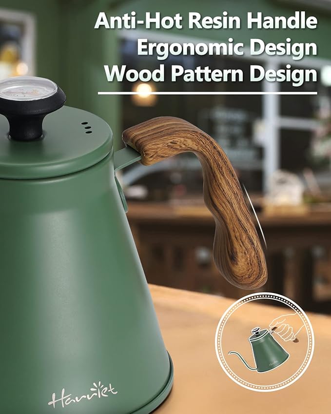Harriet Gooseneck Kettle with Thermometer for Pour Over Coffee and Tea, 37 fl oz, Stainless Steel, Durable 3-Layer Base, Ideal Spout for Precision Pouring, Compatible with all Stove Tops, Green