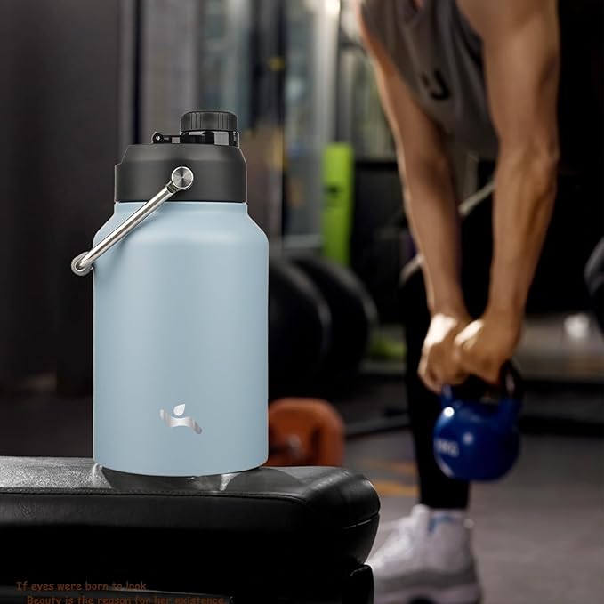 Half Gallon Jug with Handle,64 oz Insulated Water Bottle with Carrying Pouch,Double Wall Vacuum Stainless Steel Metal Bottle,Storm Blue