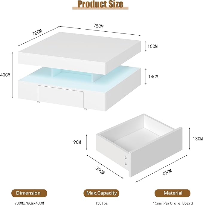 White LED Coffee Table with 2 Storage Drawers for Living Room Square Center Middle Table Modern Cocktail Table with Light 2-Tier Tea Tables Contemporary Mid Century Wood Home Office Waiting Room