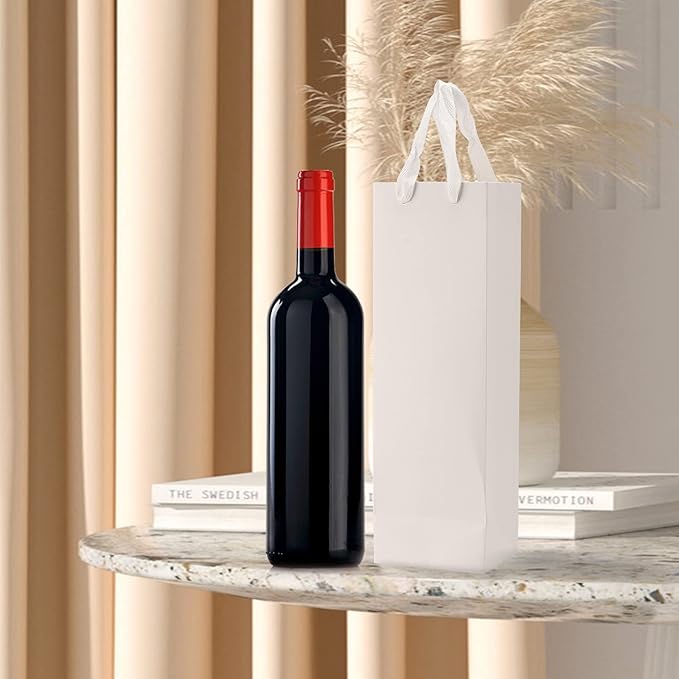 SEUNMUK 30 Pack 13.8 x 4.3 x 3.5 Inch White Wine Bottle Bags, 250 gsm Thick Strong Paper Wine Gift Bag with handles, Elegant Paper Bags for Party Shopping Retail Wedding