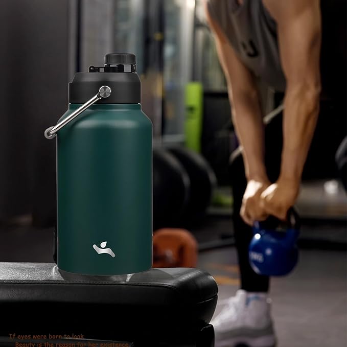 Jug with Handle,87 oz Insulated Water Bottle with Carrying Pouch, Double Wall Vacuum Stainless Steel Metal Bottle,Dark Green