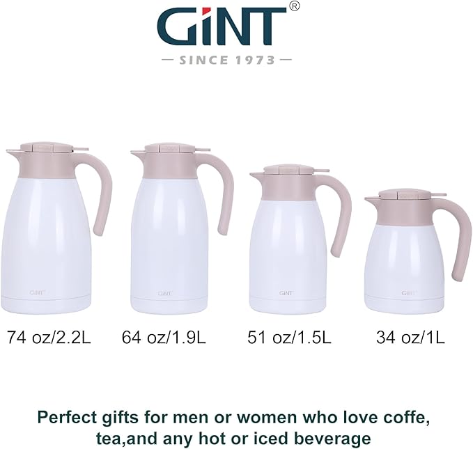 GiNT 2.2L / 74Oz Thermal Coffee Carafe, Insulated Stainless Steel Coffee Carafes for Keeping Hot/Double Walled Vacuum Thermal Carafe (White)