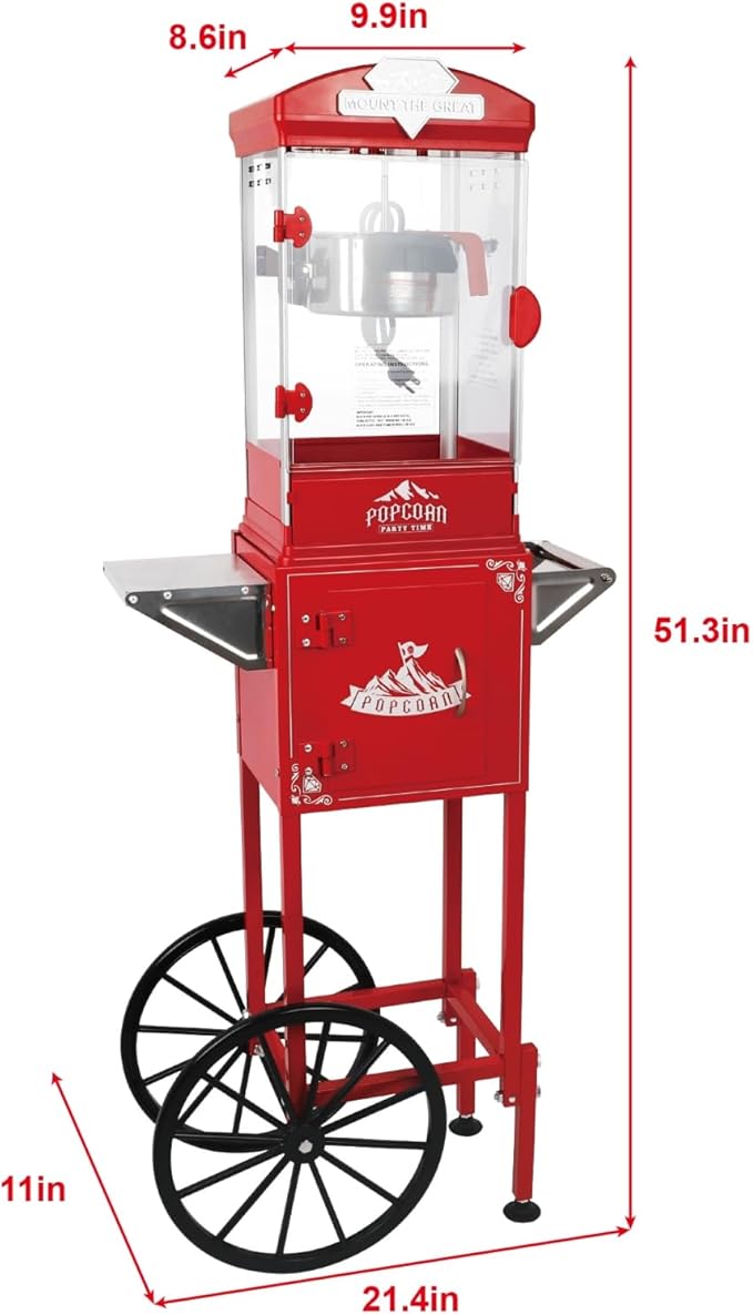 10oz Popcorn Machine with Cart, Wheels & Stainless Steel Kettle, Vintage Movie Theater Style, Popcorn Maker Machine for Parties, Events, Home & Commercial Use, Red