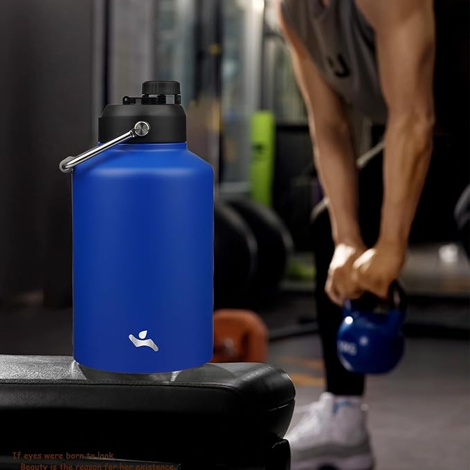 1 Gallon Jug with Handle,128 oz Insulated Water Bottle with Carrying Pouch, Double Wall Vacuum Stainless Steel Metal Bottle,Blue