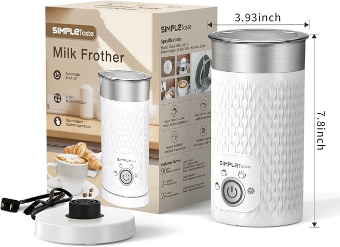 SIMPLETASTE Milk Frother, 4-in-1 Electric Milk Steamer, Automatic Warm and Cold Foam Maker and Milk Warmer for Latte, Cappuccinos, Macchiato