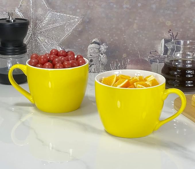 MECOWON 30 OZ Porcelain Coffee Mugs, Set of 2 Large Mugs for Soup, Cereal and Salad (Yellow)