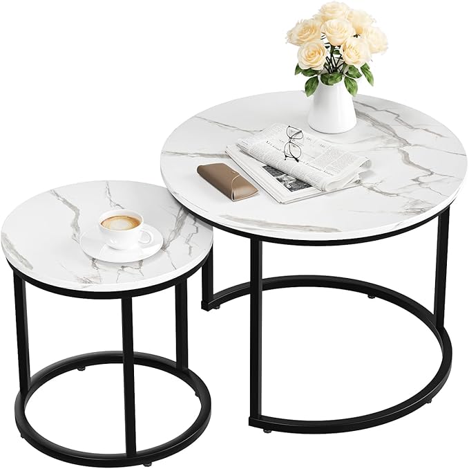 Smuxee White Nesting Coffee Table Set of 2, 23.6" Round Coffee Table Wood Grain Top with Adjustable Non-Slip Feet, Industrial End Table Side Tables for Living Room Bedroom Balcony Yard