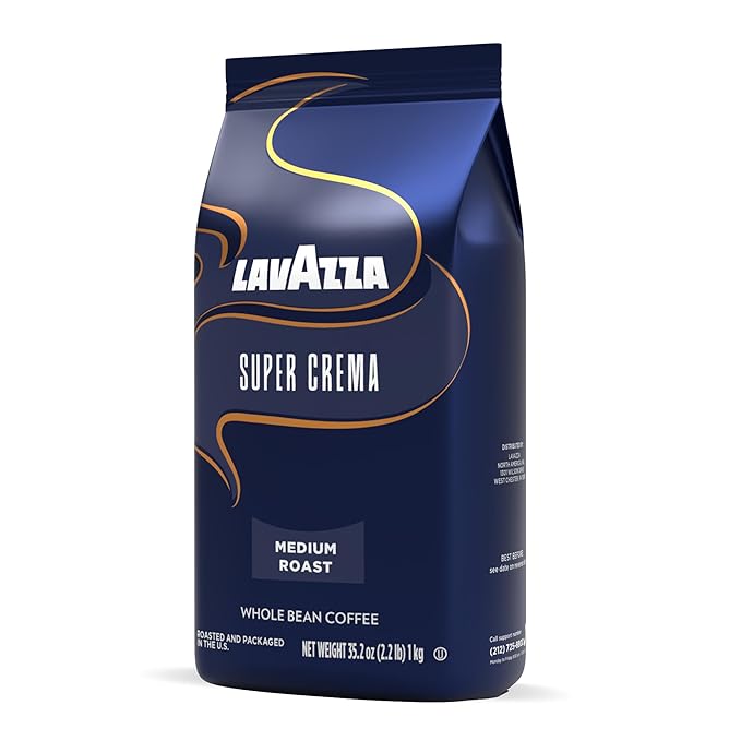 Lavazza Super Crema Whole Bean Coffee, Medium Espresso Roast, Arabica and Robusta Blend, 2.2 lb Bag (Pack of 5)