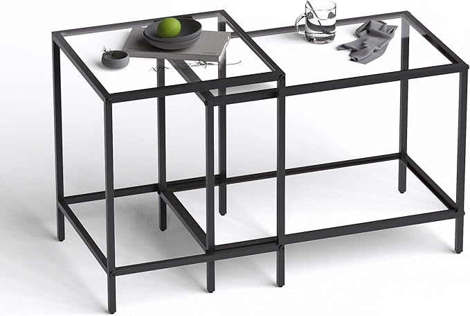 Nesting Coffee Table,Small Glass Coffee Table Set of 2,Black Modern Square Sofa Side Tea Table for Living Room,Bedroom and Small Spaces,2 Tier Tempered Glass with Sturdy Metal Frame, Easy Assembly