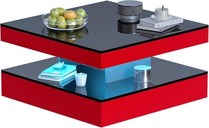 Red LED Coffee Table for Living Room, Living Room Table 2-Tier Square Modern High Glossy Contemporary Wood Coffee Tables with Storage, Tea Table for Dining Reception Room
