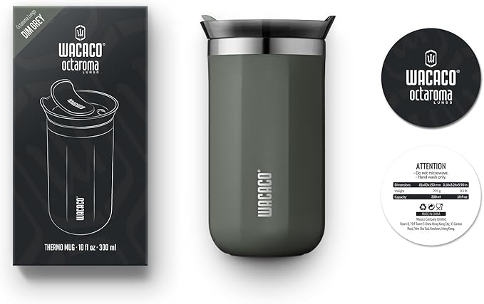 WACACO Octaroma Lungo Vacuum Insulated Coffee Mug, Double-wall Stainless Steel Travel Tumbler With Drinking Lid, 10 fl oz(300ml), Dim Grey